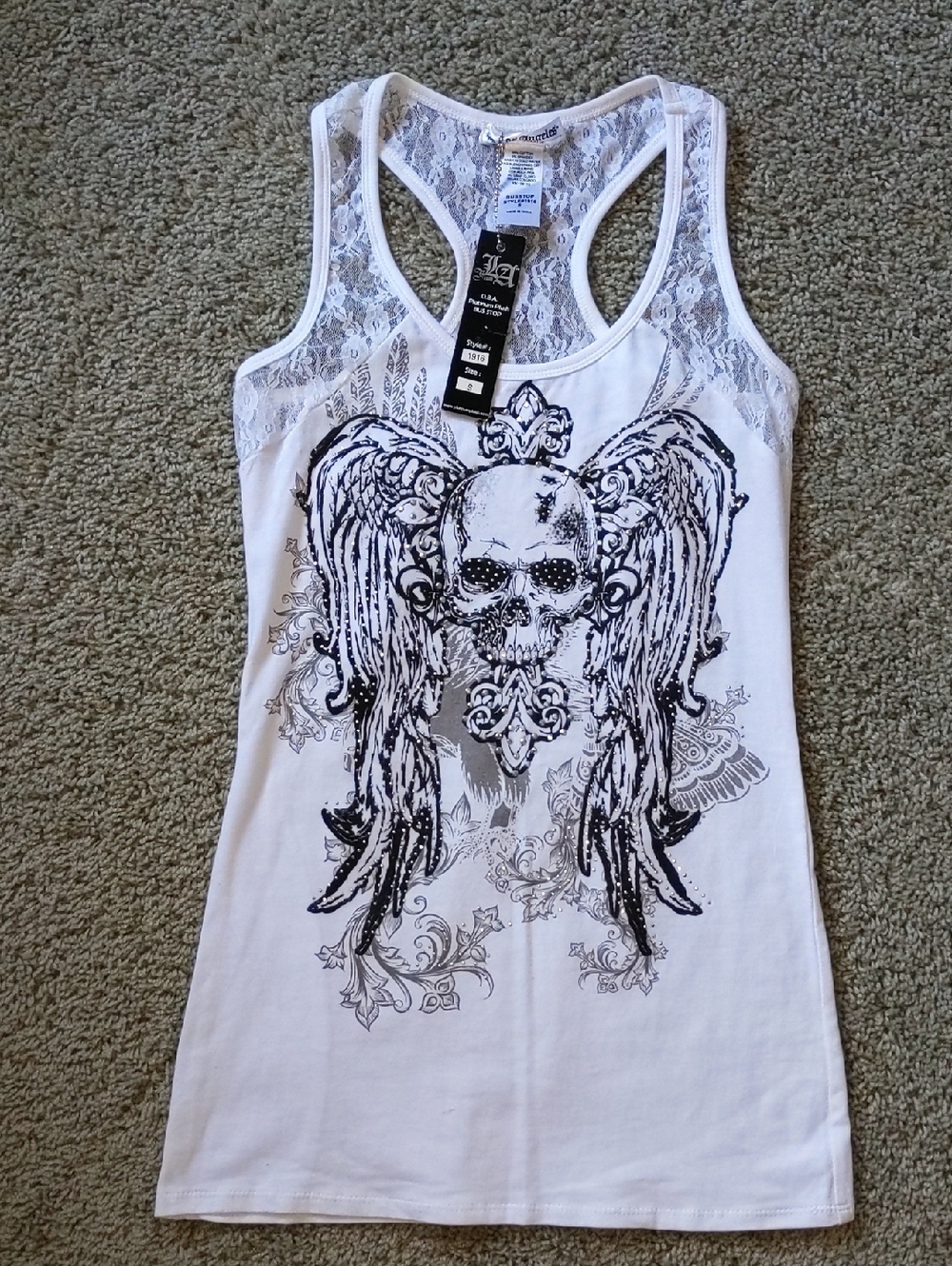 NWT Los Angeles Bus Stop White Rhinestone Skull Wing Lace Back Tank Top